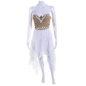 NWT Sherri Hill Dress Size 0 White Gold Rhinestone Crystal Beaded Hi Low Gown